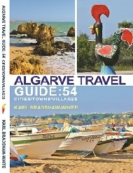 Front book cover dipicting fishing boats, rocky beach scene and Portugals traditional cockerel of Barcelos.