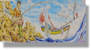 Handmade tiles depicting fisherman and fishing boat